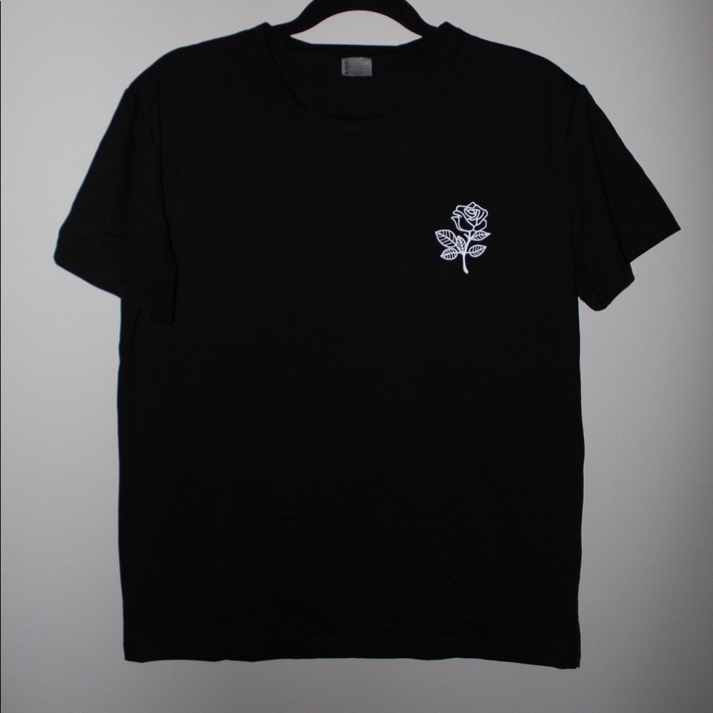 Black Tee with Printed White Rose
